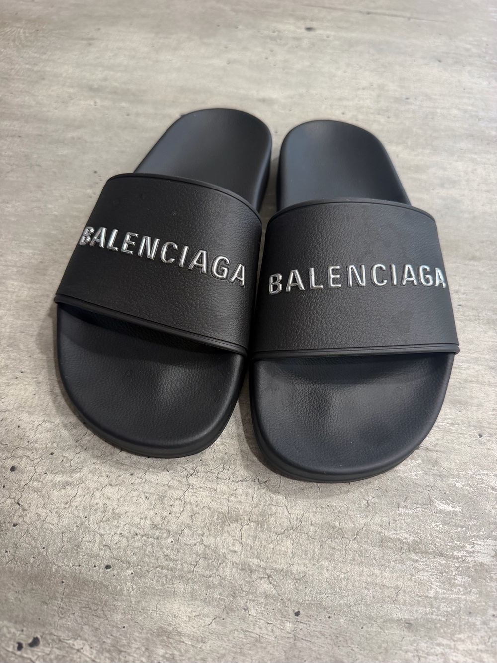 Balenciaga Black Logo Slide Sandals with White Embossed Lettering